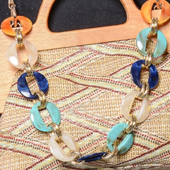 Multi Khaki Lattice Pattern Woven Clutch Bag (10.5"x3"x7") Wooden Handle Drop - Picture 10 of 13